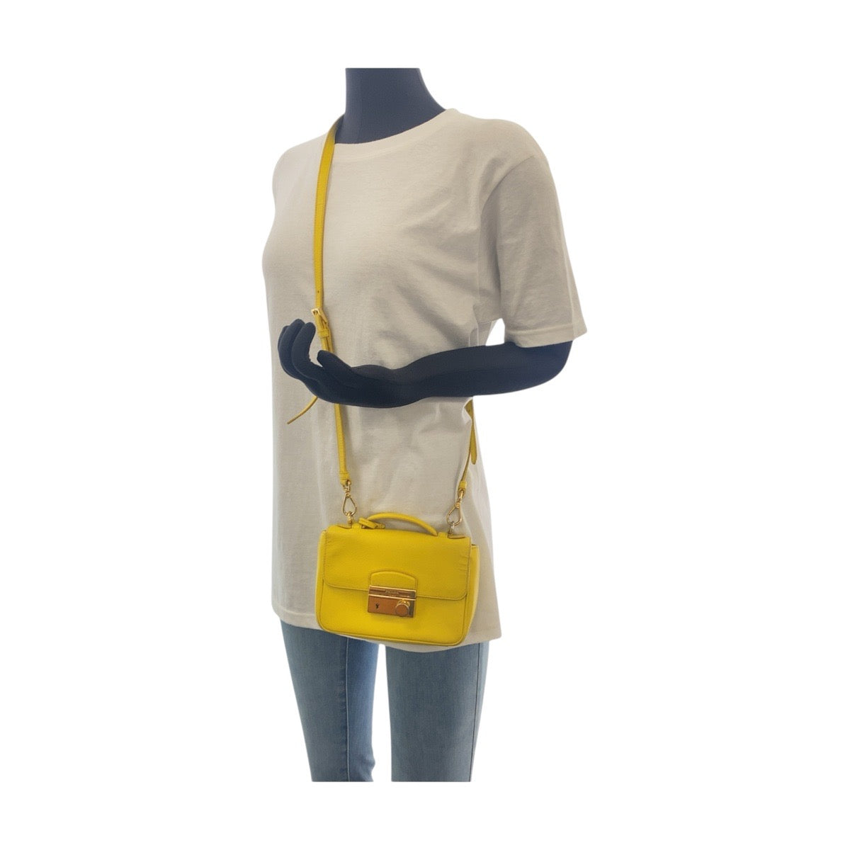 PRADA Shoulder Bag leather Yellow Gold Metal Shoulder Bag Handbag 2WAY Safiano Women Used Authentic