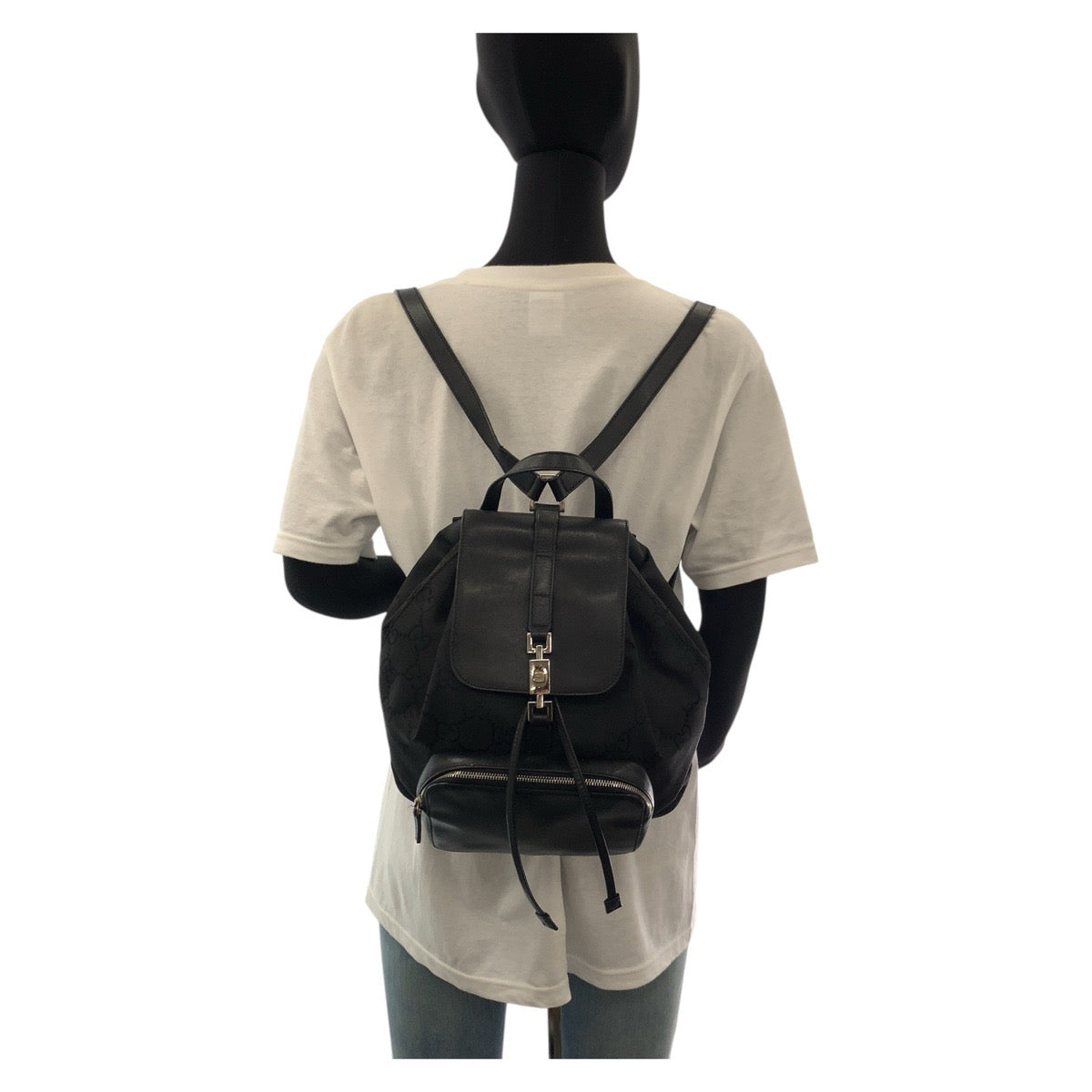 GUCCI Backpack 003 0245 Nylon, Leather Black SilverMetal Backpack Jackie GG pattern Women Used Authentic