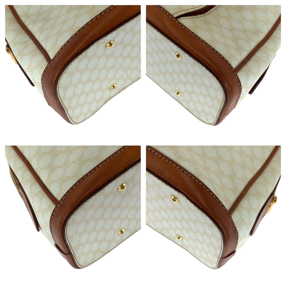 CELINE Handbag PVC White Brown Gold Metal Handbags Mini Boston Duffel bag Macadam Women Used Authentic