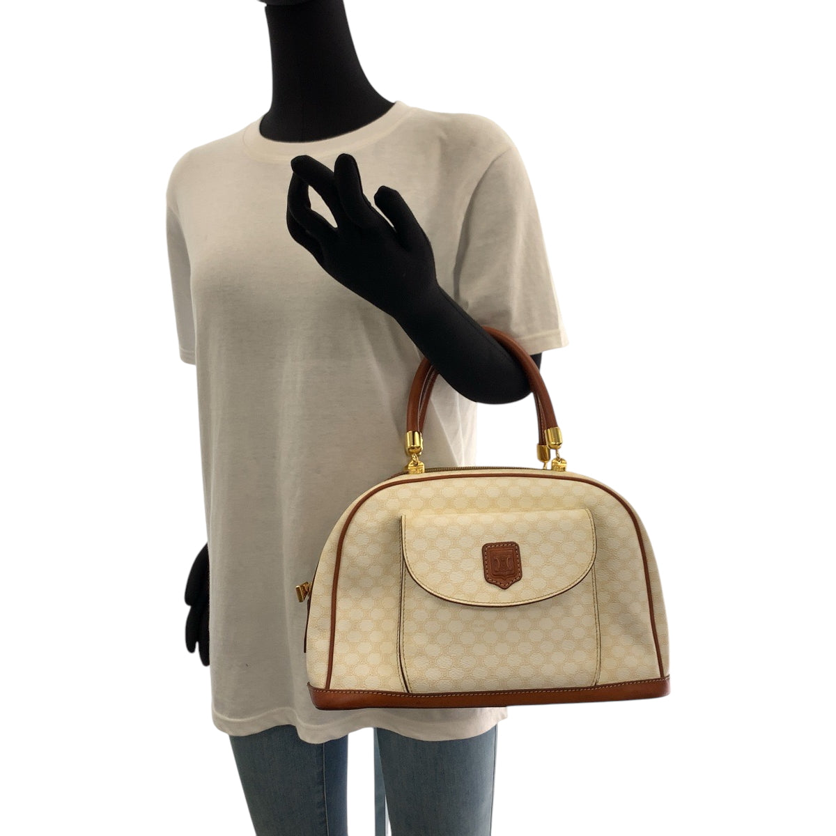 CELINE Handbag PVC White Brown Gold Metal Handbags Mini Boston Duffel bag Macadam Women Used Authentic