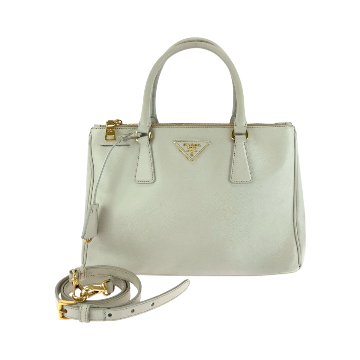 PRADA Tote Bag BN2863 leather White GoldMetal Tote Bag Shoulder Bag Handbag 2way Saffiano Galleria Triangle With logo Women Used Authentic