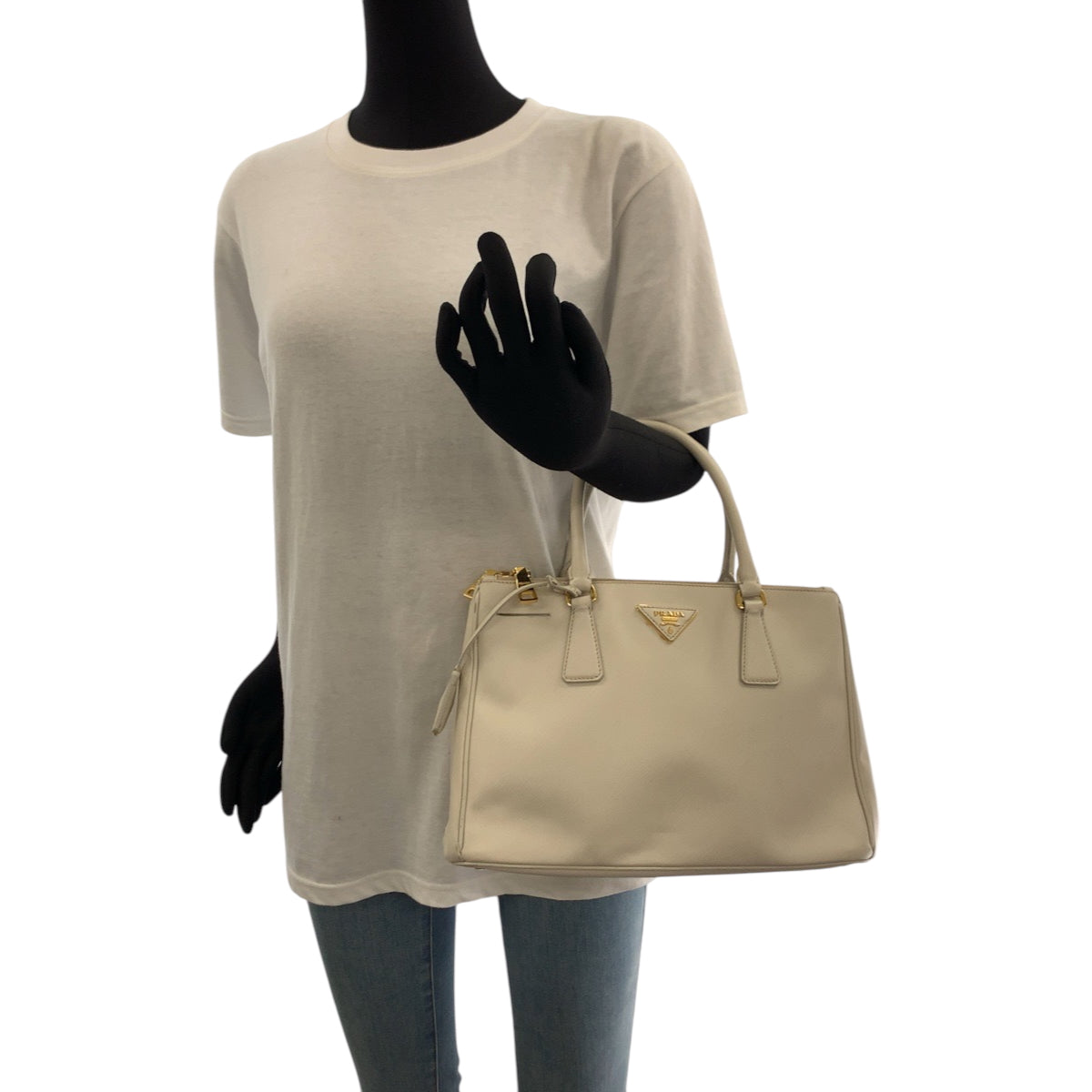 PRADA Tote Bag BN2863 leather White GoldMetal Tote Bag Shoulder Bag Handbag 2way Saffiano Galleria Triangle With logo Women Used Authentic