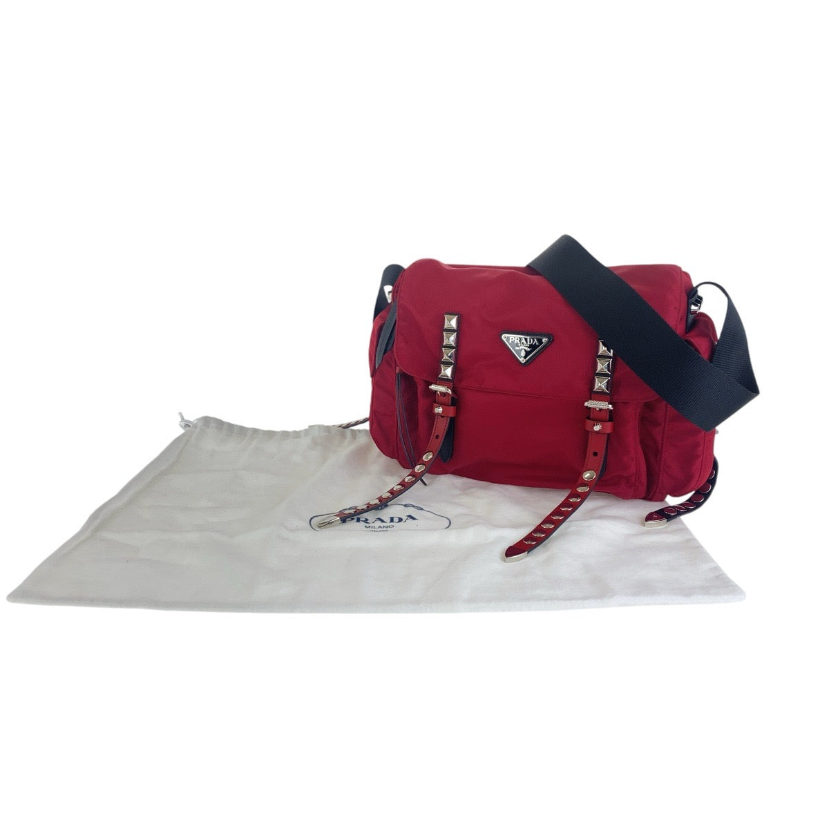 PRADA Shoulder Bag Nylon Red Black SilverMetal Crossbody Shoulder Bag with studs Test Triangle With logo mens Used Authentic