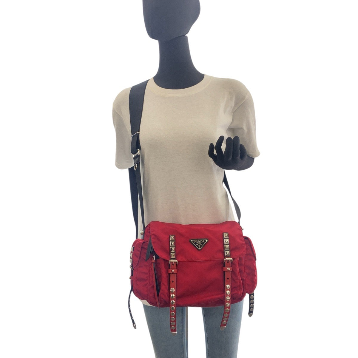 PRADA Shoulder Bag Nylon Red Black SilverMetal Crossbody Shoulder Bag with studs Test Triangle With logo mens Used Authentic