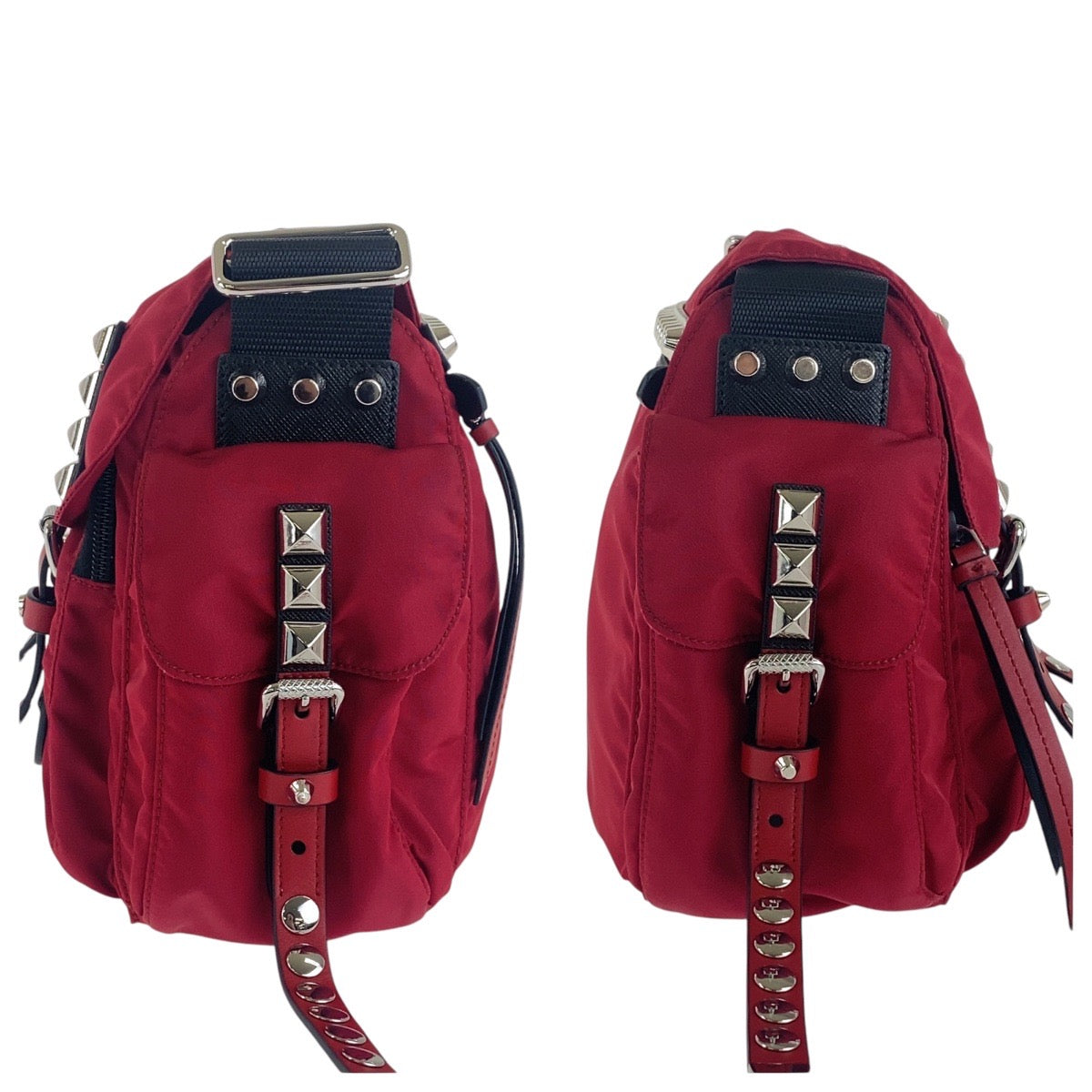 PRADA Shoulder Bag Nylon Red Black SilverMetal Crossbody Shoulder Bag with studs Test Triangle With logo mens Used Authentic