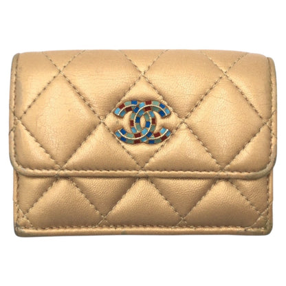 CHANEL Tri-fold wallet leather gold Tri-fold wallet Compact wallet Matrasse COCO Mark Women Used Authentic
