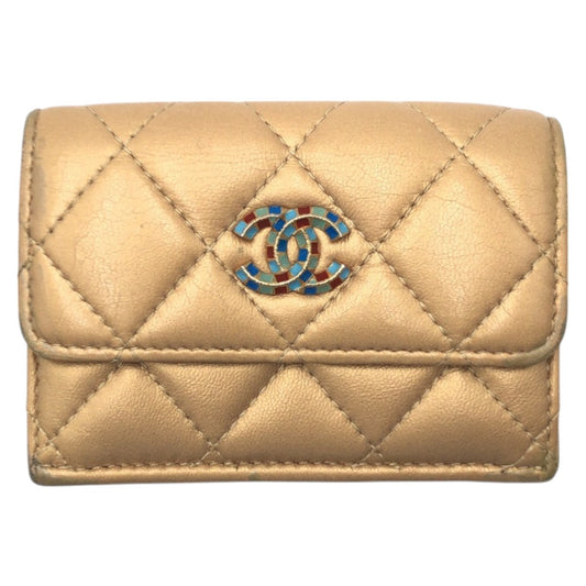 CHANEL Tri-fold wallet leather gold Tri-fold wallet Compact wallet Matrasse COCO Mark Women Used Authentic