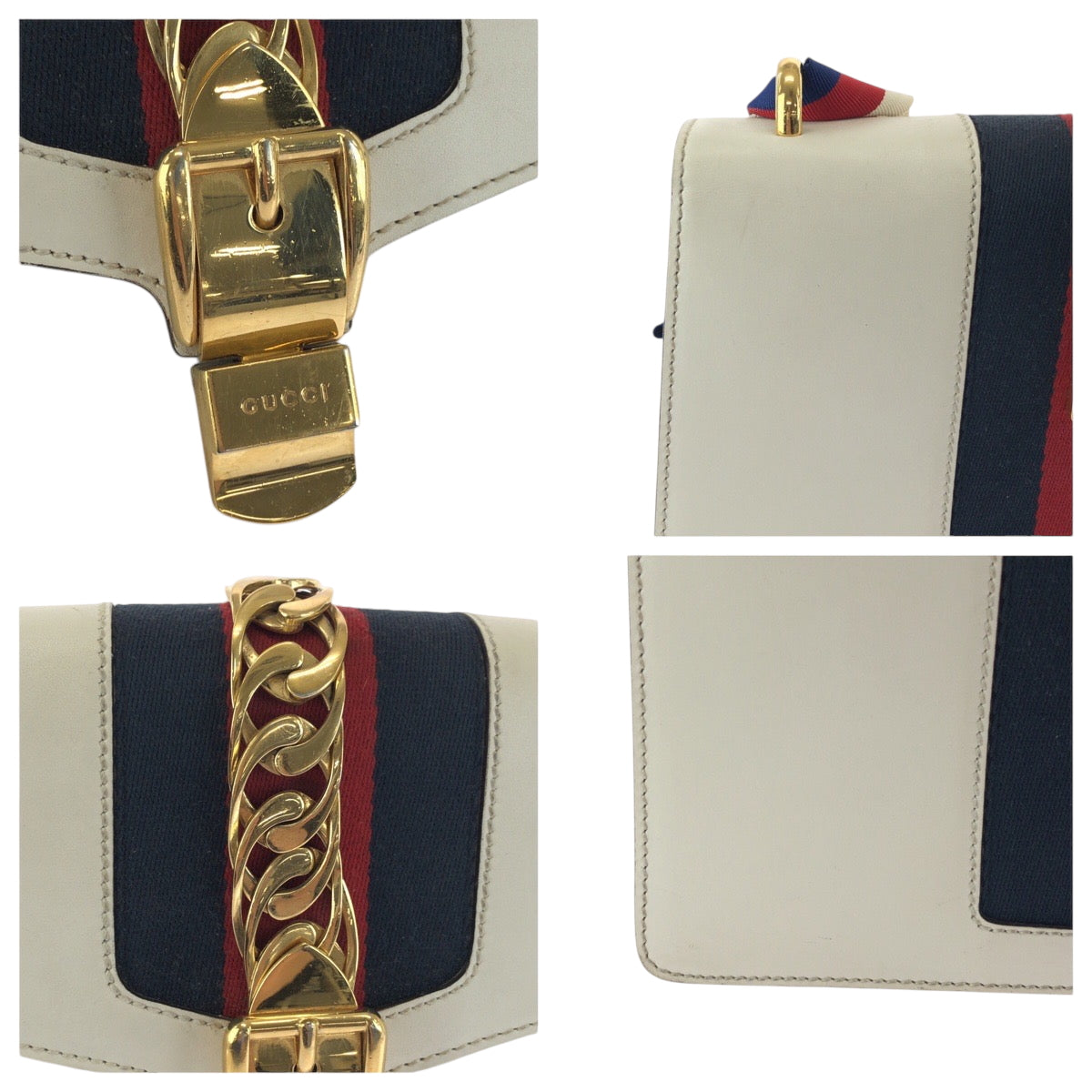 GUCCI Shoulder Bag 421882 leather White Green Red Gold Metal Shoulder Bag Shoulder Bag Sherry line Silvi Women Used Authentic
