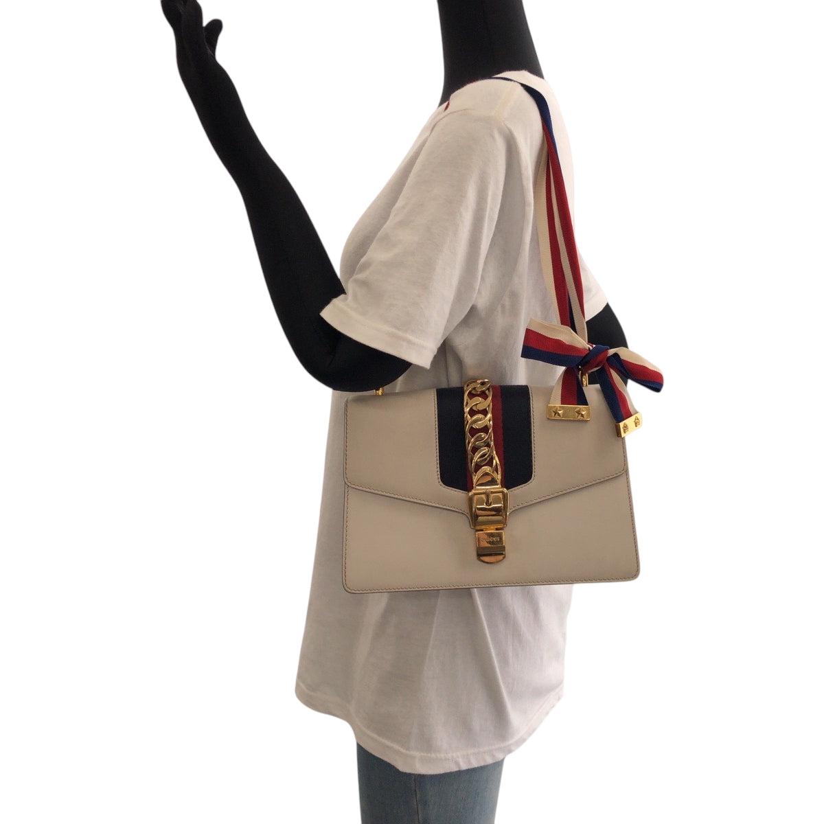GUCCI Shoulder Bag 421882 leather White Green Red Gold Metal Shoulder Bag Shoulder Bag Sherry line Silvi Women Used Authentic