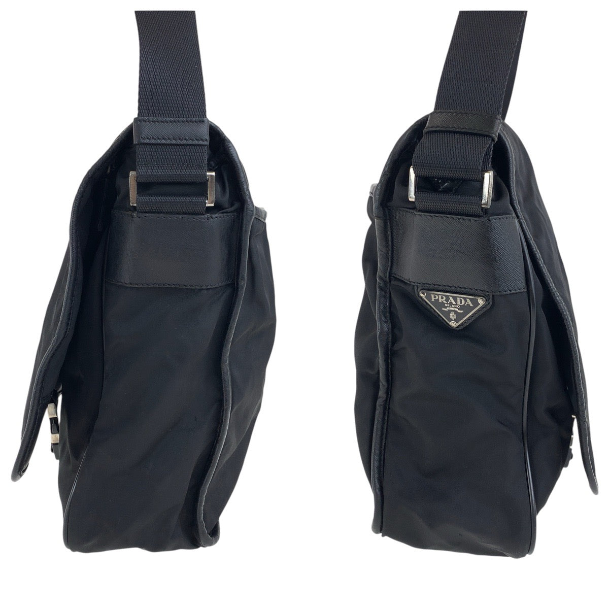 PRADA Shoulder Bag Nylon, Leather Black SilverMetal Shoulder Bag Messenger Bag Unisex Testo Saffiano Triangle With logo Women Used Authentic