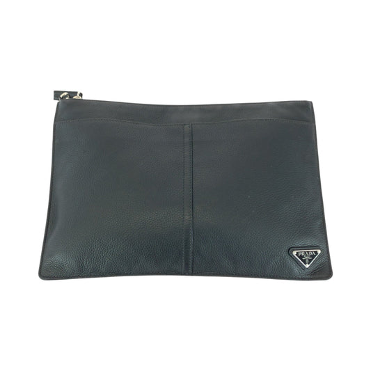 PRADA Clutch bag leather Black SilverMetal Clutch bag business bag Vitello City Triangle With logo mens Used Authentic