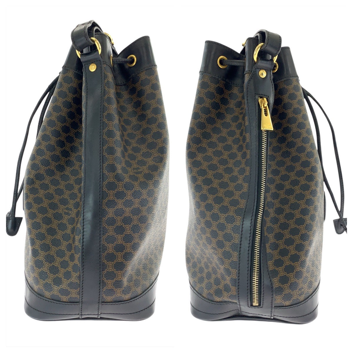 CELINE Shoulder Bag MC96 PVC, Leather Brown Black Gold Metal Drawstring Shoulder Bag Macadam Women Used Authentic