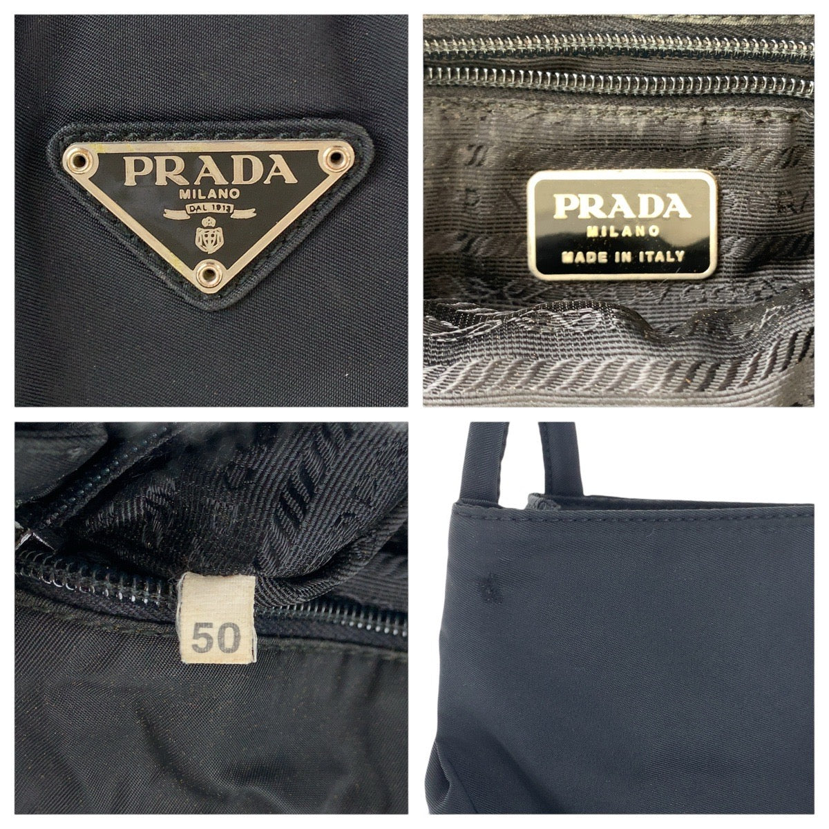 PRADA Tote Bag Nylon Black SilverMetal Tote Bag Shoulder Bag Test Triangle With logo Women Used Authentic