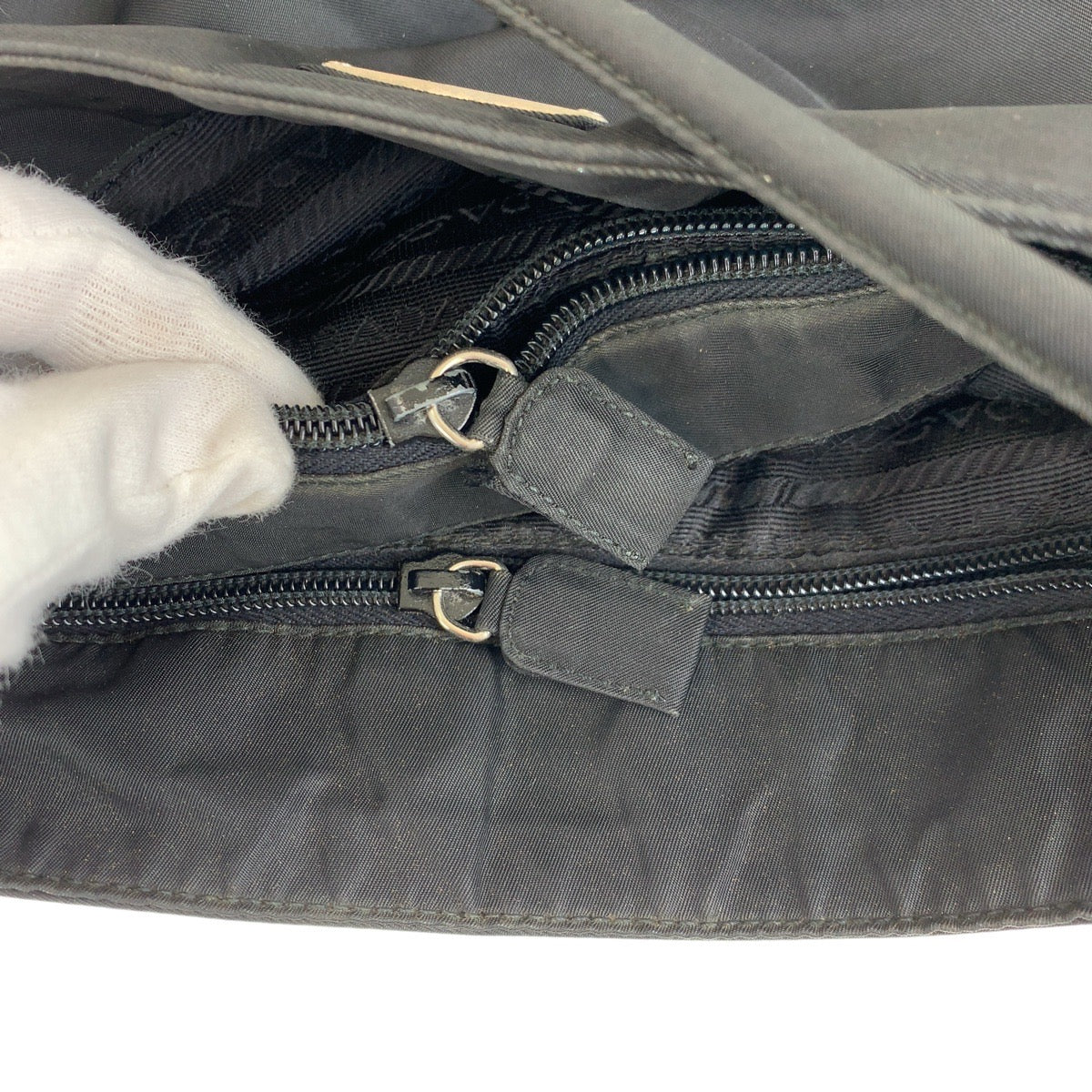 PRADA Tote Bag Nylon Black SilverMetal Tote Bag Shoulder Bag Test Triangle With logo Women Used Authentic
