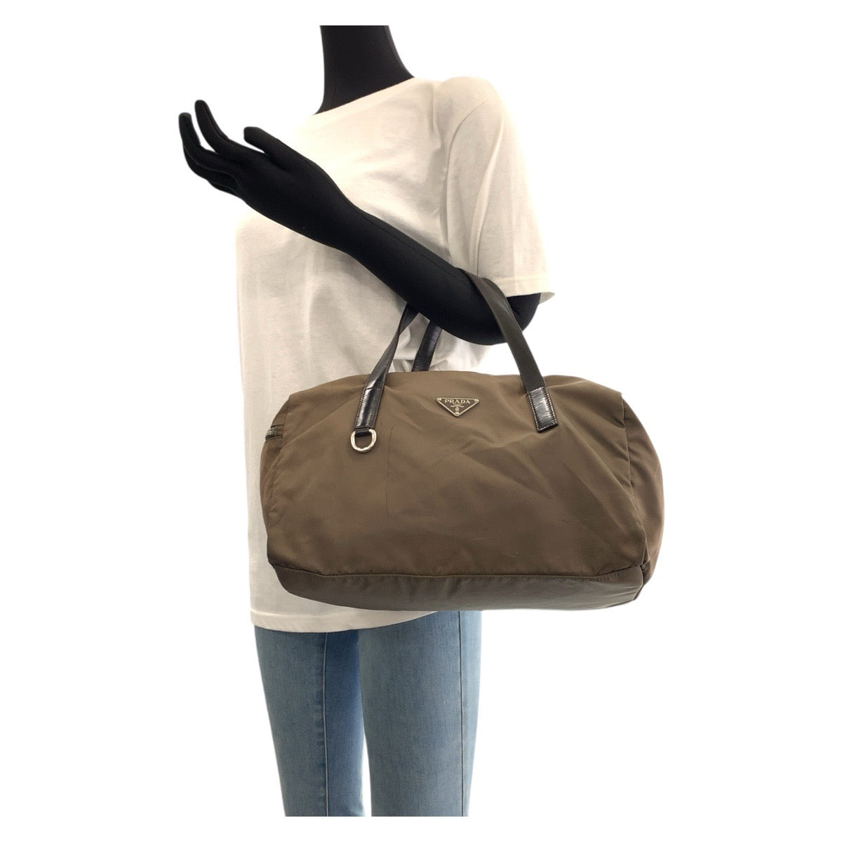 PRADA Handbag Nylon, Leather Grey SilverMetal Handbags Mini Boston Duffel bag Test Triangle With logo Women(Unisex) Used Authentic