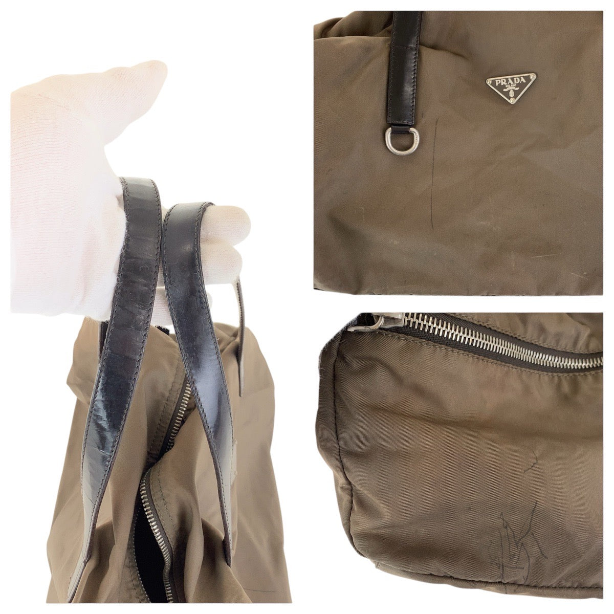 PRADA Handbag Nylon, Leather Grey SilverMetal Handbags Mini Boston Duffel bag Test Triangle With logo Women(Unisex) Used Authentic