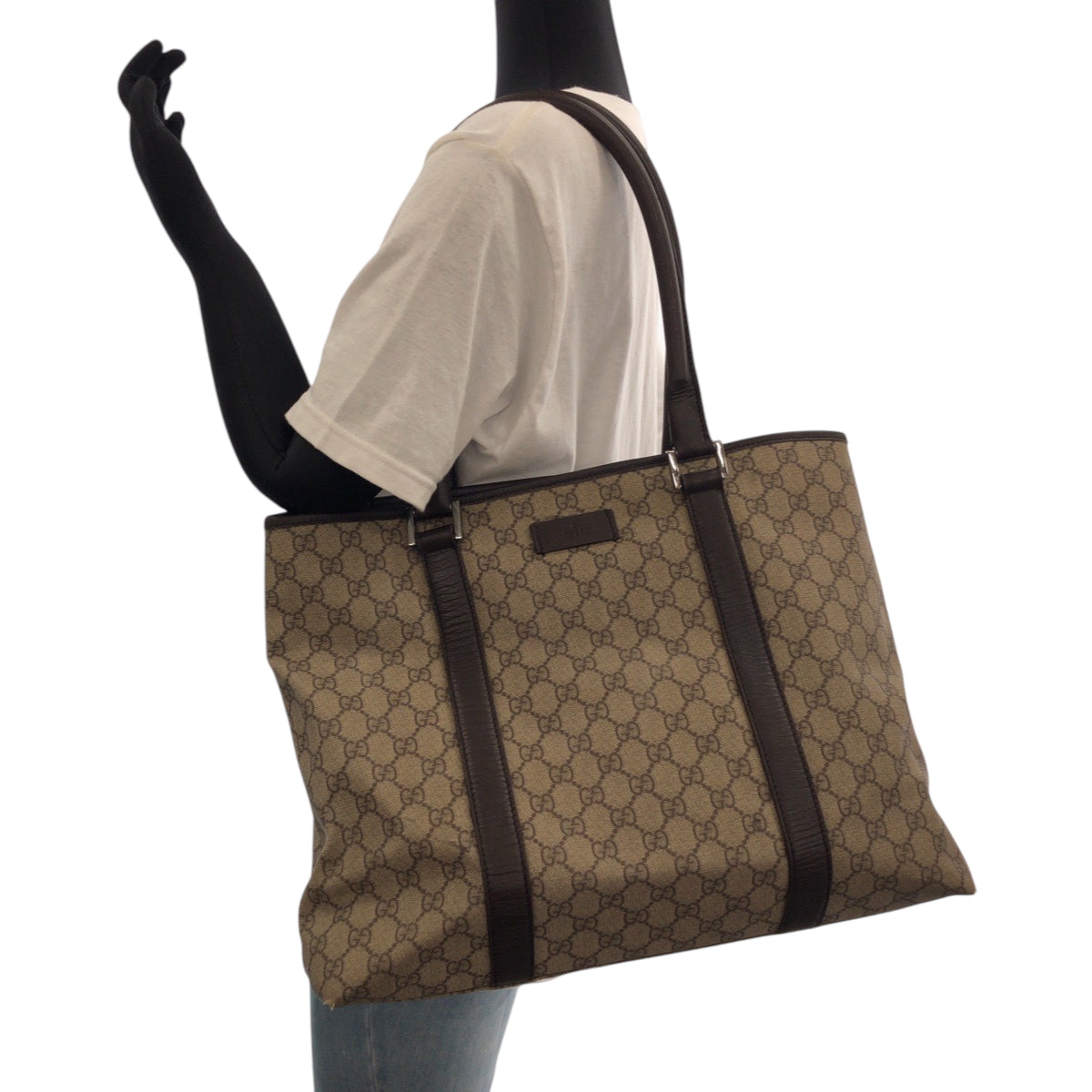 GUCCI Tote Bag 415288 GG Supreme Canvas Beige Dark Brown SilverMetal Tote Bag Shoulder Bag Women Used Authentic