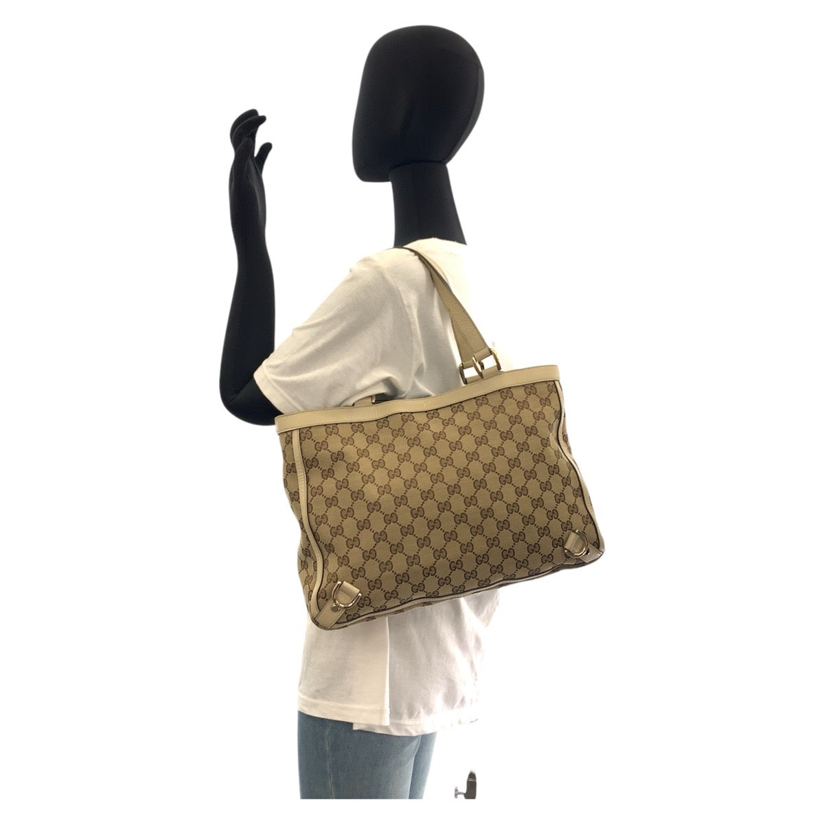 GUCCI Tote Bag 170004 GG canvas, leather Beige Gold Metal Tote Bag Shoulder Bag Women Used Authentic
