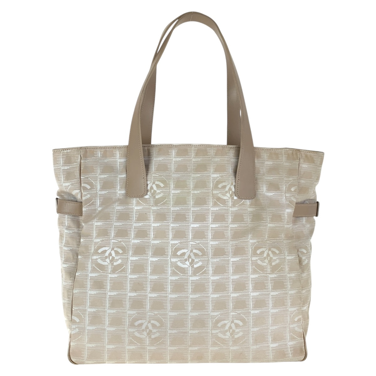 CHANEL Tote Bag Canvas, Leather Beige SilverMetal Tote Bag Shoulder Bag New travel line Women Used Authentic