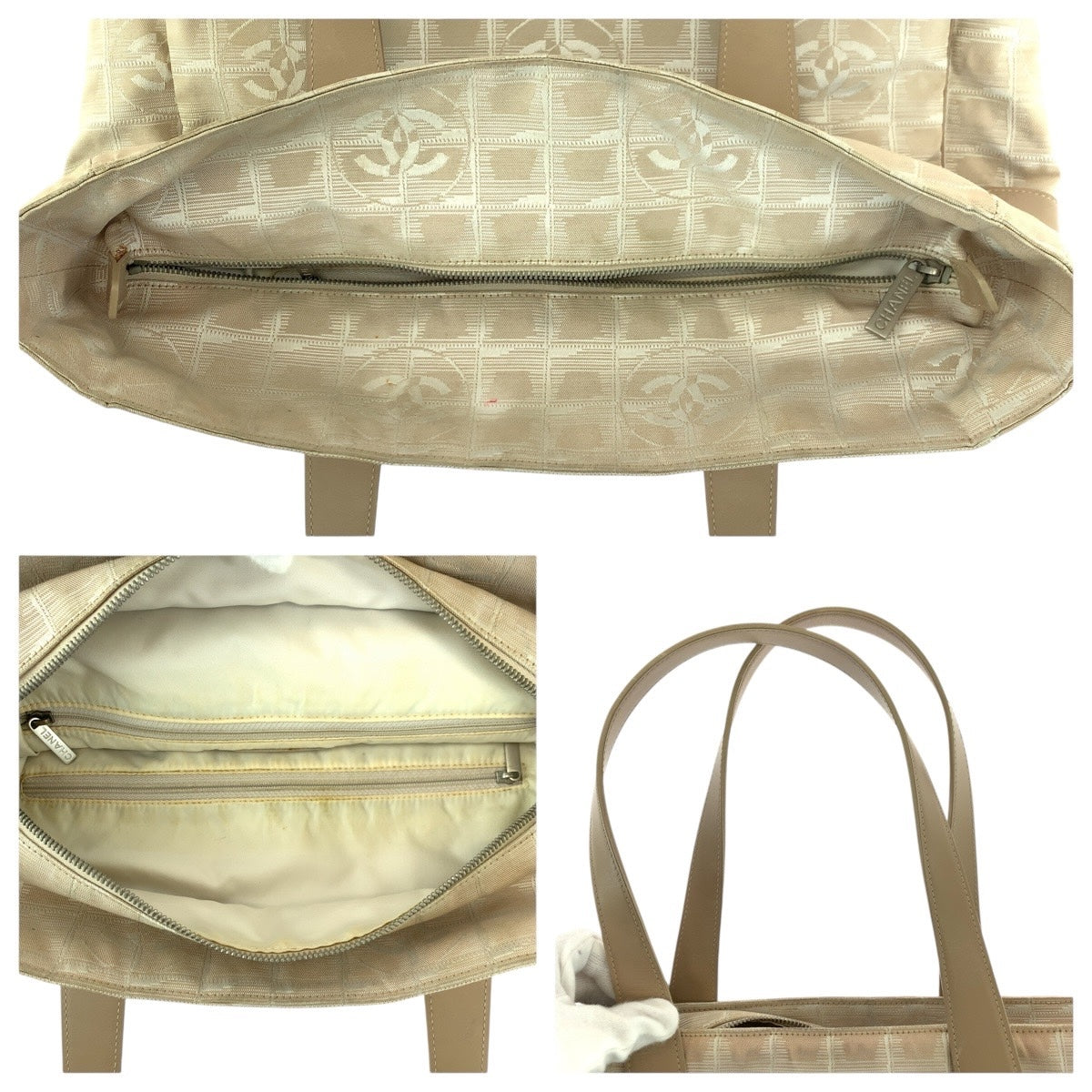 CHANEL Tote Bag Canvas, Leather Beige SilverMetal Tote Bag Shoulder Bag New travel line Women Used Authentic