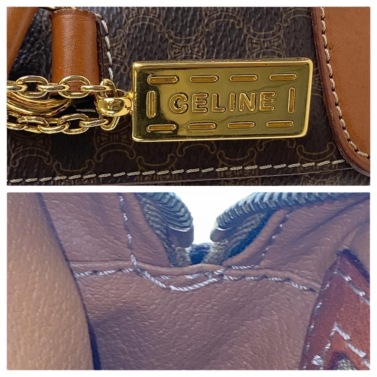 CELINE Shoulder Bag PVC, Leather Brown Gold Metal Crossbody Shoulder Bag Pochette Macadam Women Used Authentic