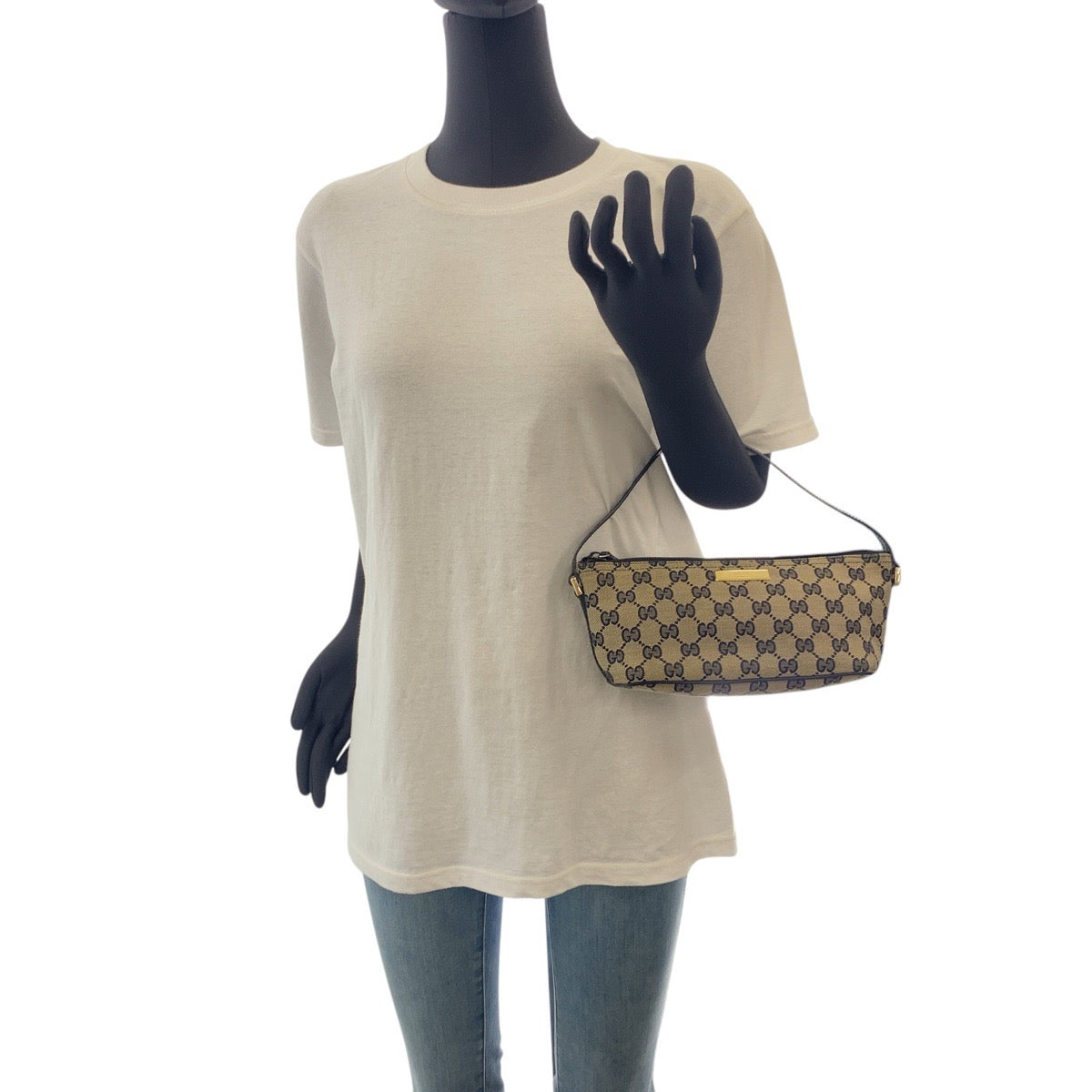 GUCCI Handbag 039 1103 GG canvas, leather Black Gold Metal Handbag accessory pouch Women Used Authentic