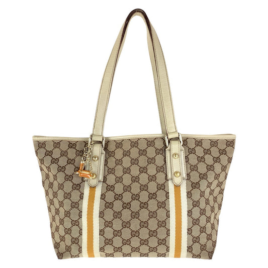 GUCCI Tote Bag 137396 GG canvas, leather Brown White Gold Metal Tote Bag Shoulder Bag Sherry line Women Used Authentic