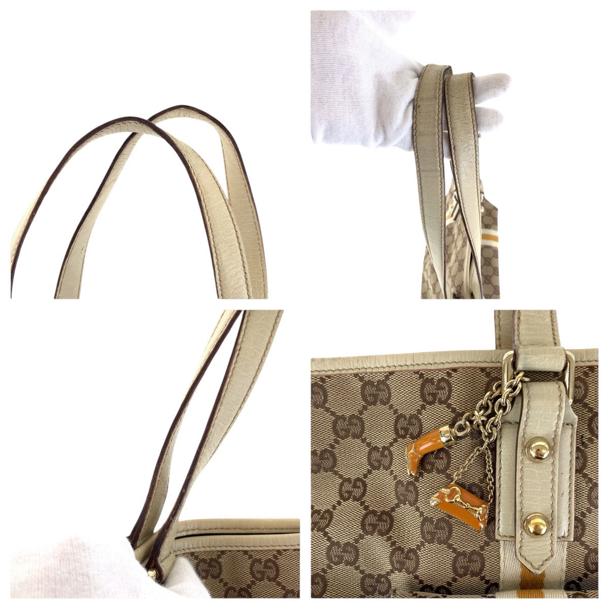 GUCCI Tote Bag 137396 GG canvas, leather Brown White Gold Metal Tote Bag Shoulder Bag Sherry line Women Used Authentic