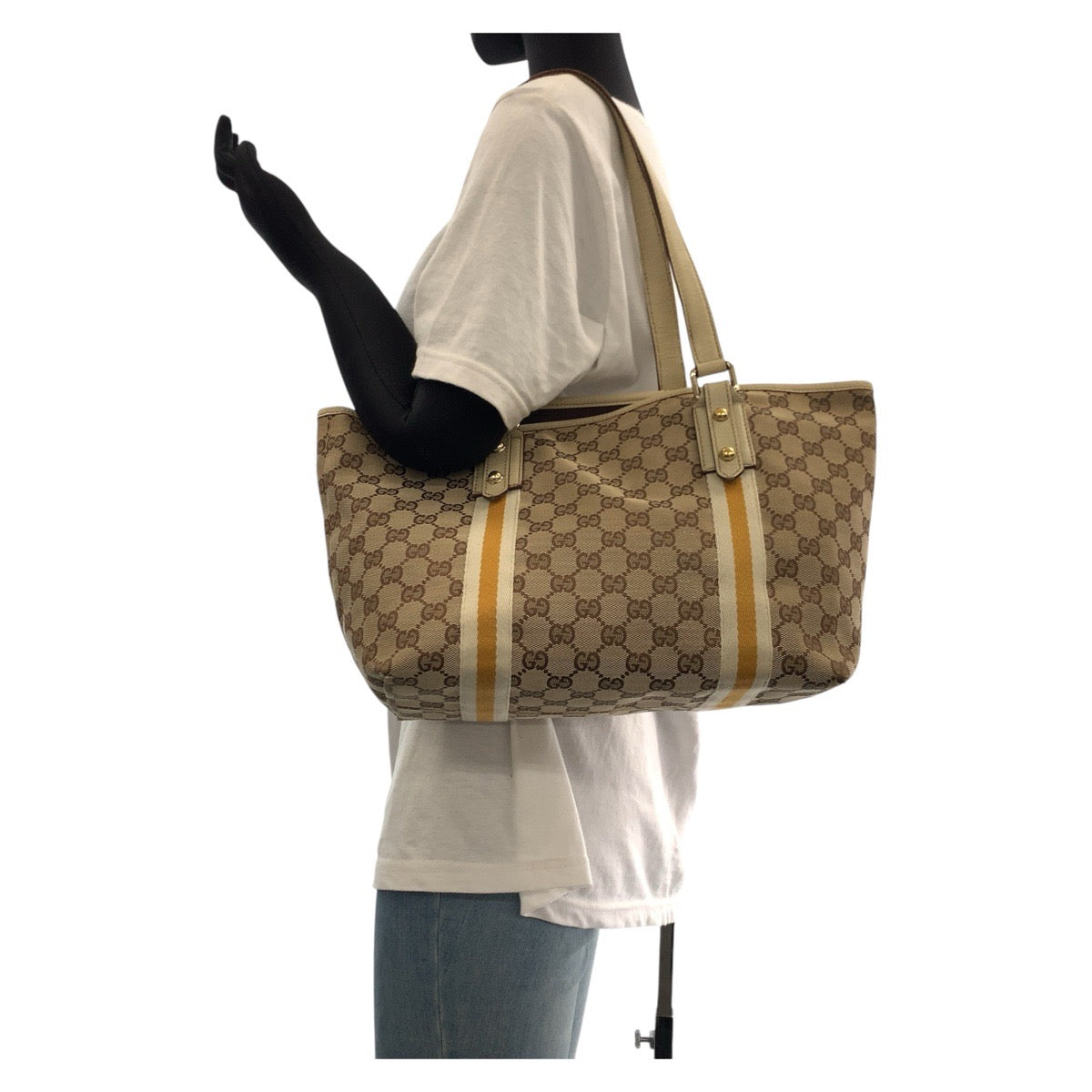 GUCCI Tote Bag 137396 GG canvas, leather Brown White Gold Metal Tote Bag Shoulder Bag Sherry line Women Used Authentic