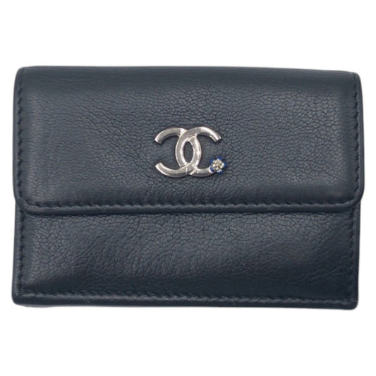 CHANEL Tri-fold wallet leather black black silver Tri-fold wallet Compact wallet COCO Mark Women Used Authentic