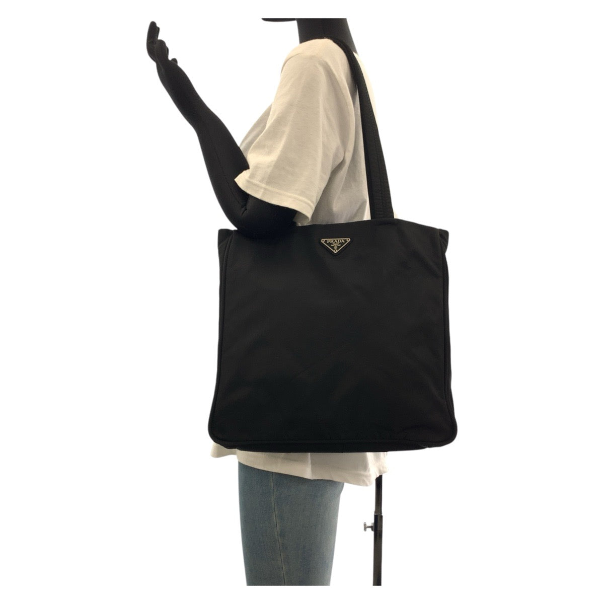 PRADA Tote Bag Nylon Black SilverMetal Tote Bag Shoulder Bag Test Triangle With logo Women Used Authentic