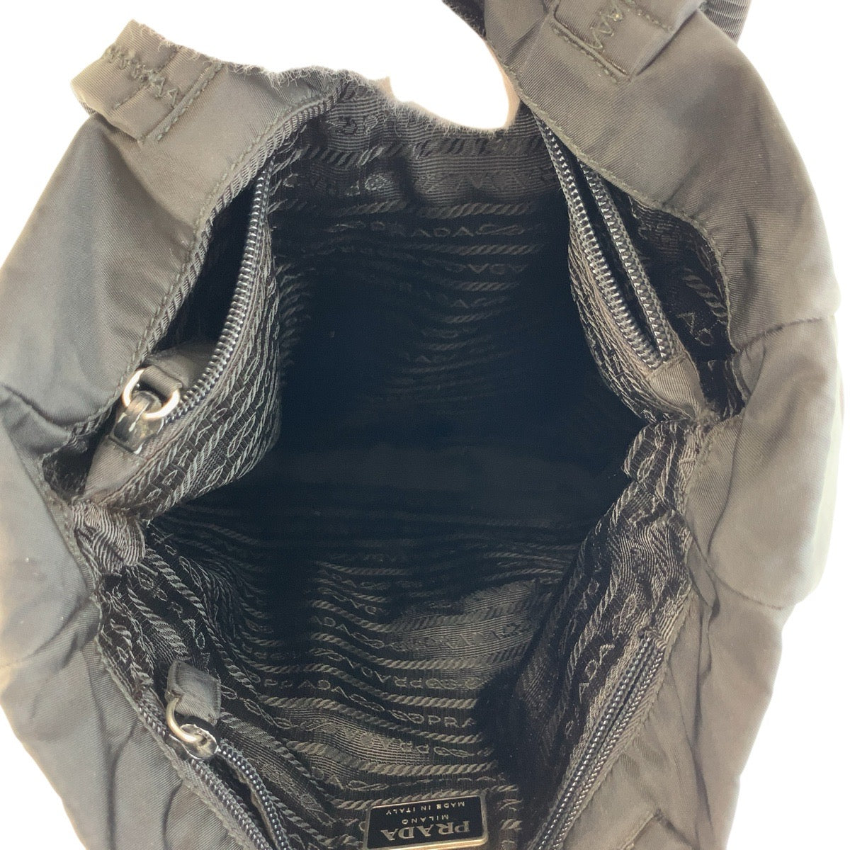 PRADA Tote Bag Nylon Black SilverMetal Tote Bag Shoulder Bag Test Triangle With logo Women Used Authentic