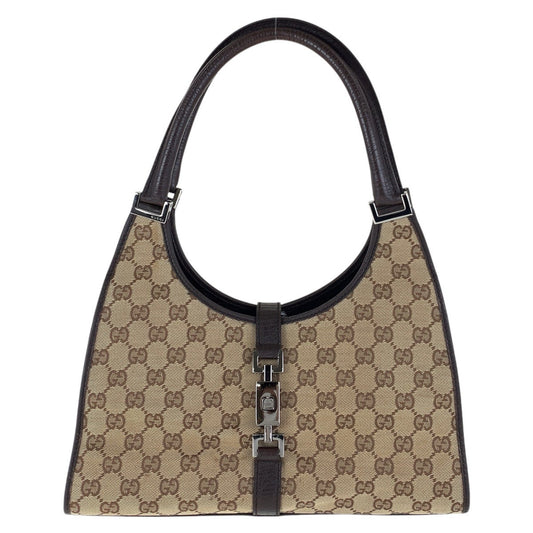 GUCCI Shoulder Bag 01719 GG canvas, leather Brown Silver Metal Jackie Women Used Authentic