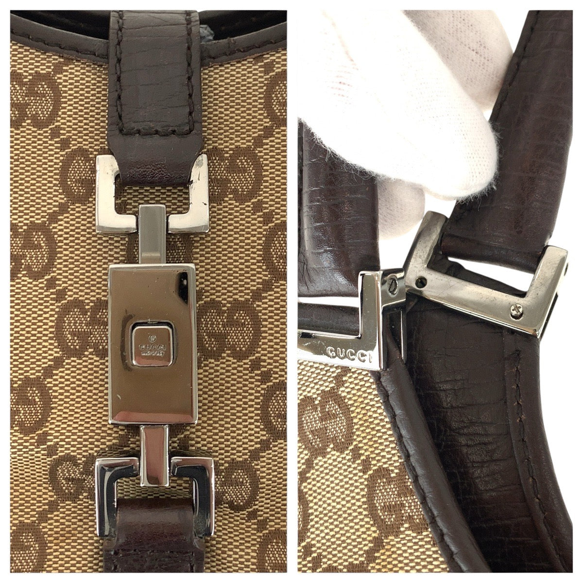 GUCCI Shoulder Bag 01719 GG canvas, leather Brown Silver Metal Jackie Women Used Authentic