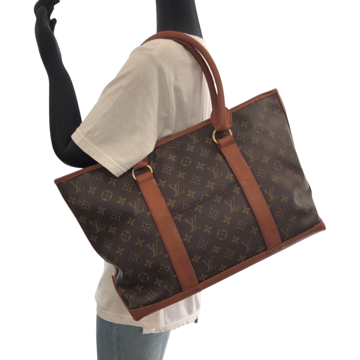 LOUIS VUITTON Tote Bag M42425 PVC Brown Gold Metal Tote Bag Shoulder Bag Monogram Weekend PM Women Used Authentic