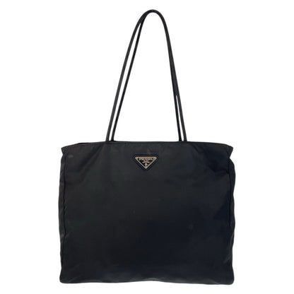 PRADA Tote Bag Nylon Black SilverMetal Tote Bag Shoulder Bag Test Triangle With logo Women Used Authentic