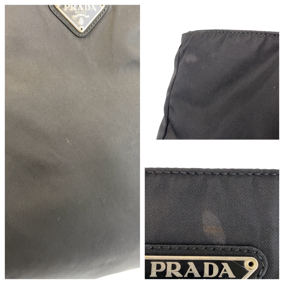 PRADA Tote Bag Nylon Black SilverMetal Tote Bag Shoulder Bag Test Triangle With logo Women Used Authentic