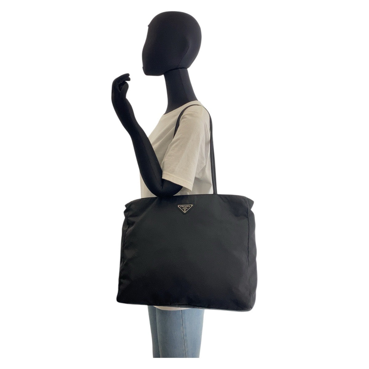 PRADA Tote Bag Nylon Black SilverMetal Tote Bag Shoulder Bag Test Triangle With logo Women Used Authentic