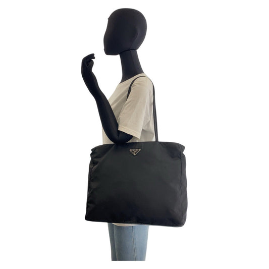 PRADA Tote Bag Nylon Black SilverMetal Tote Bag Shoulder Bag Test Triangle With logo Women Used Authentic