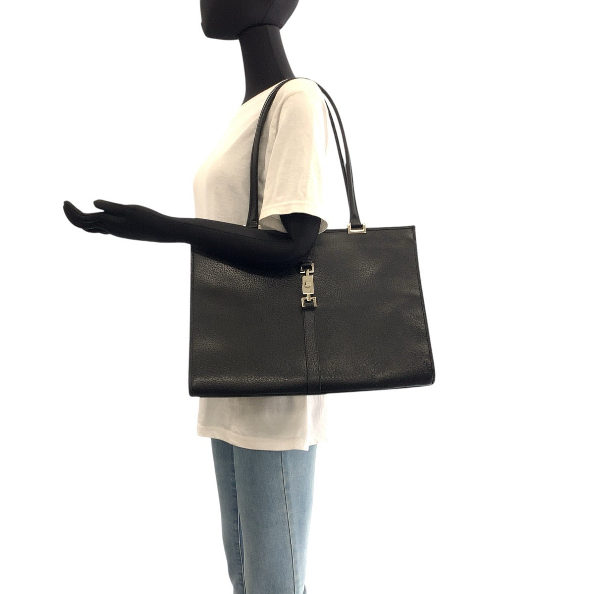 GUCCI Tote Bag 002 1074 leather Black SilverMetal Tote Bag Shoulder Bag Jackie Women Used Authentic