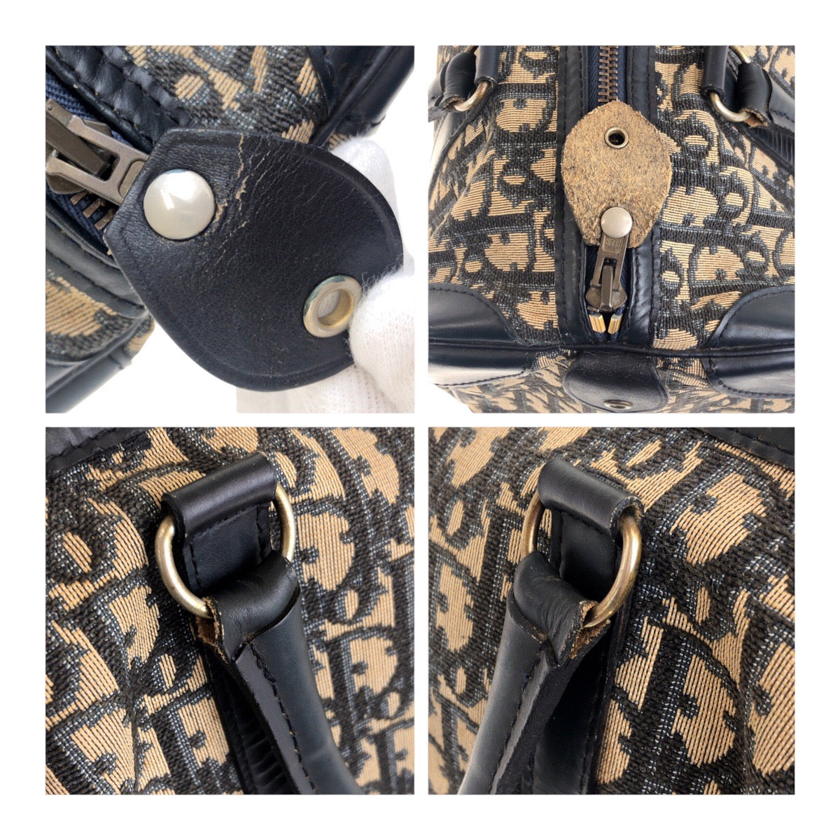 Dior Handbag Canvas, Leather Navy Gold Metal Handbag Boston Duffel bag Trotter Women Used Authentic