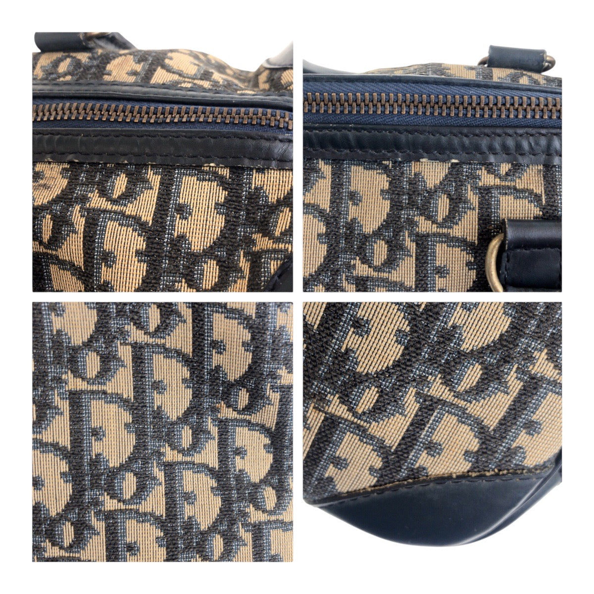 Dior Handbag Canvas, Leather Navy Gold Metal Handbag Boston Duffel bag Trotter Women Used Authentic