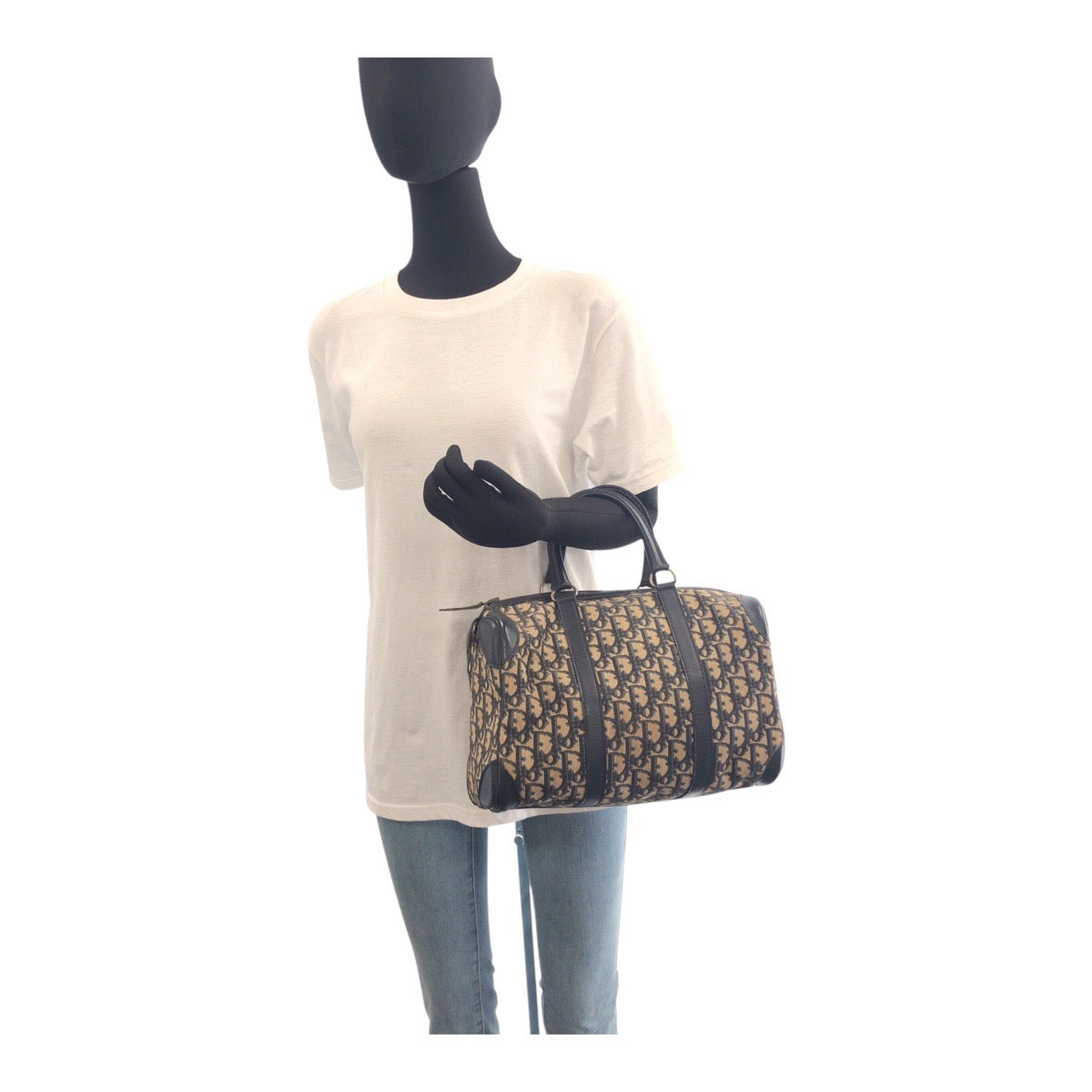Dior Handbag Canvas, Leather Navy Gold Metal Handbag Boston Duffel bag Trotter Women Used Authentic