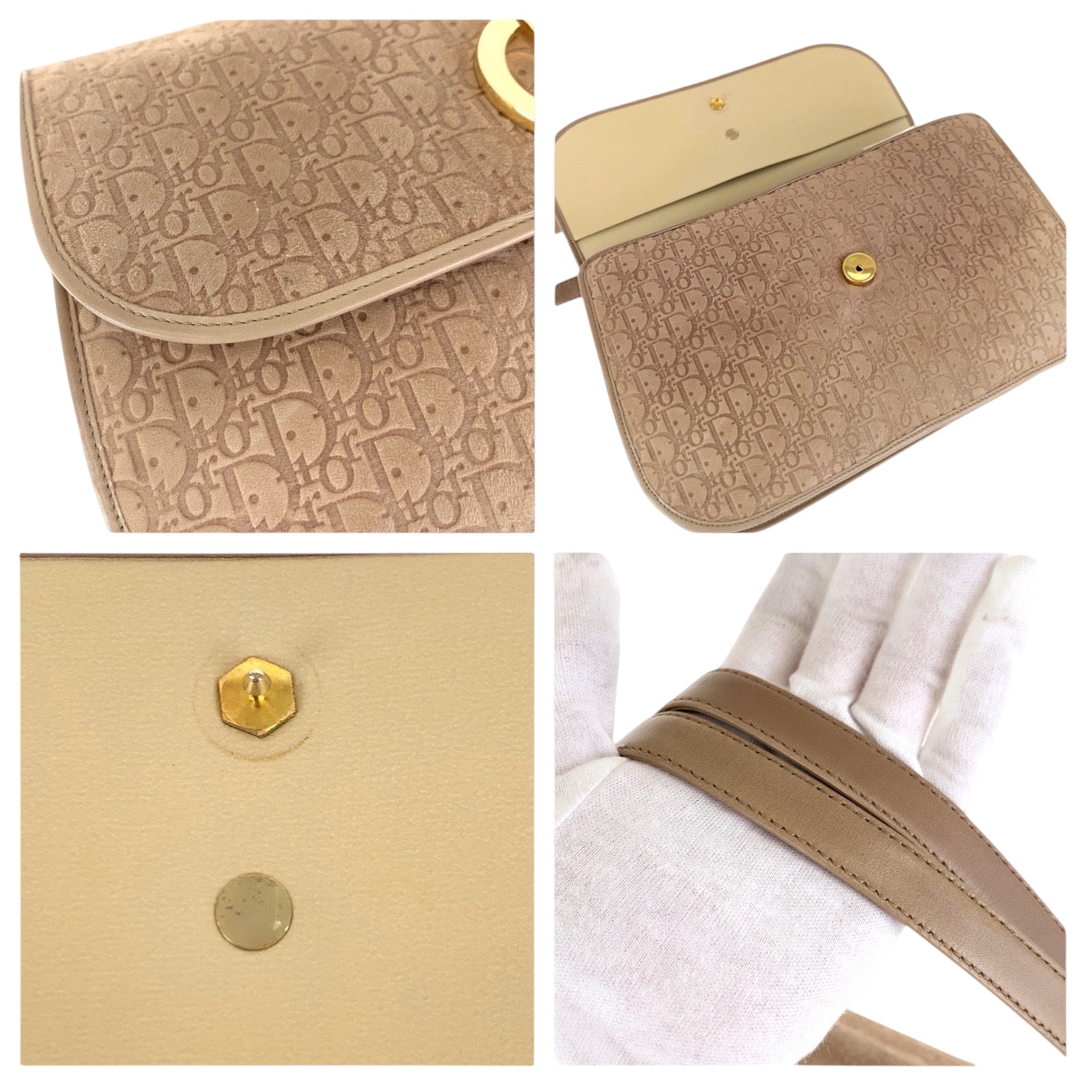 Dior Shoulder Bag Suede Beige Gold Metal Trotter