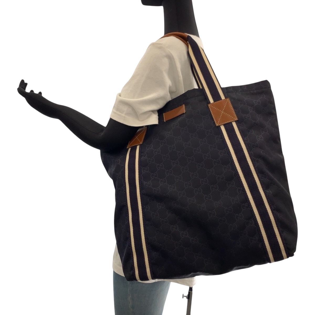 GUCCI Tote Bag 189669 Nylon Navy white brown Tote Bag handbag GG pattern Guccisima mens(Unisex) Used Authentic