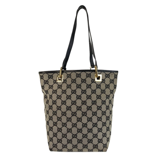 GUCCI Tote Bag 002 1099 GG canvas, leather Gray Black Gold Metal Tote Bag Shoulder Bag Women Used Authentic