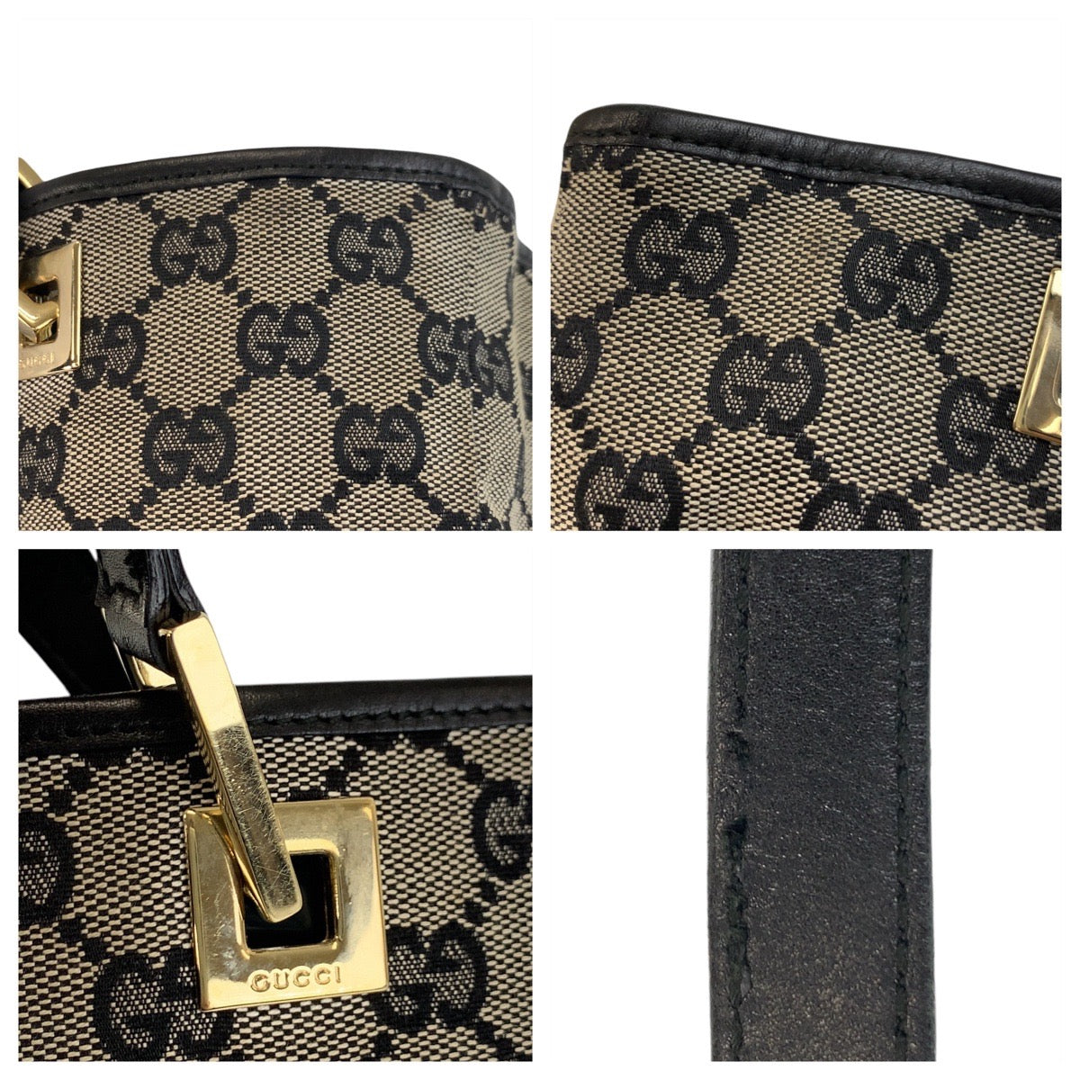 GUCCI Tote Bag 002 1099 GG canvas, leather Gray Black Gold Metal Tote Bag Shoulder Bag Women Used Authentic