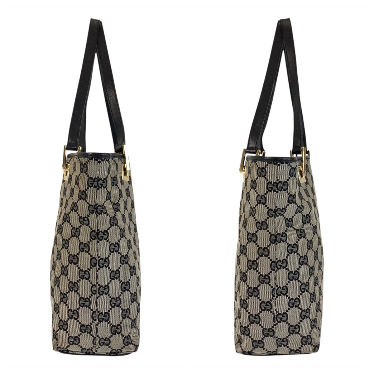 GUCCI Tote Bag 002 1099 GG canvas, leather Gray Black Gold Metal Tote Bag Shoulder Bag Women Used Authentic
