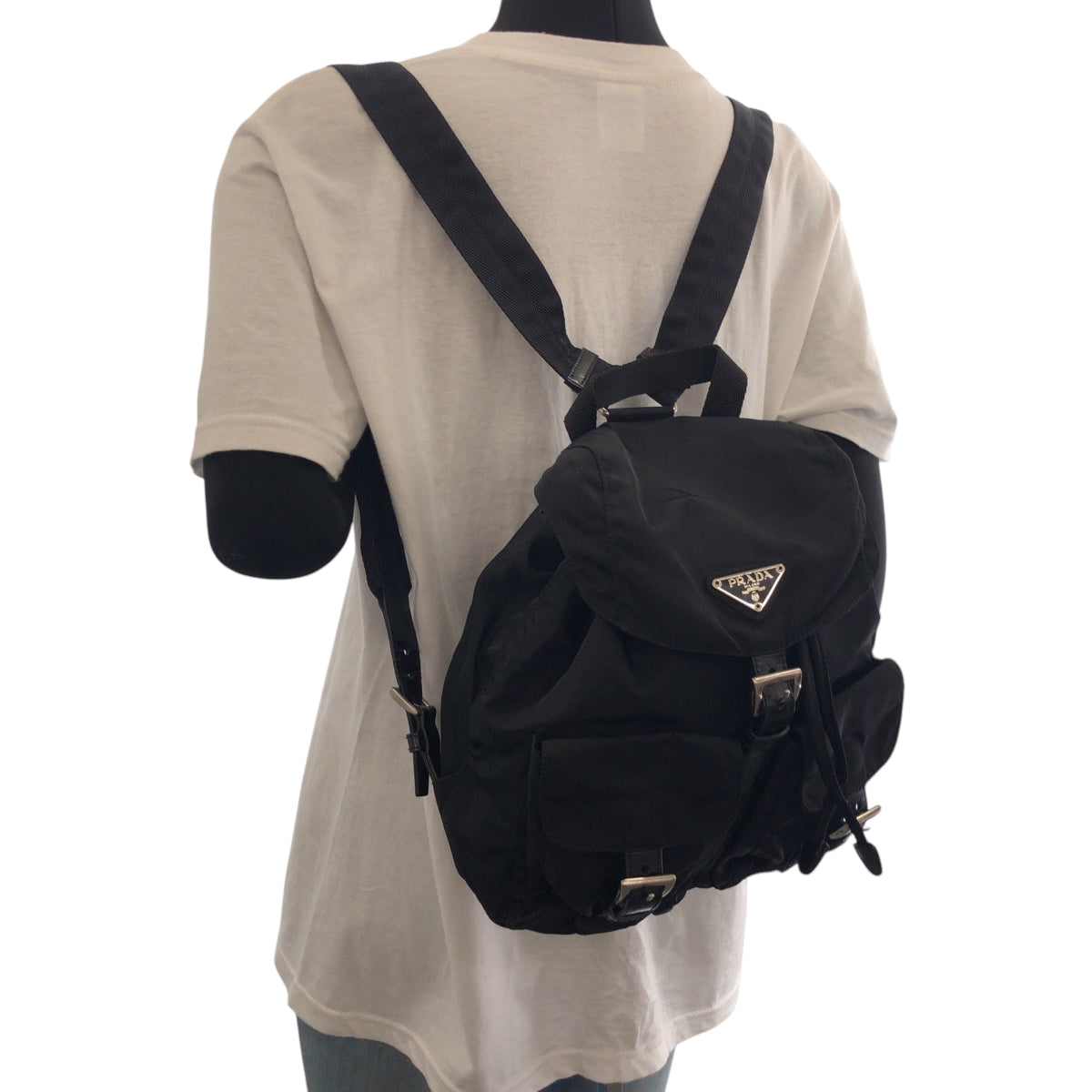 PRADA Backpack B6677 Nylon Black SilverMetal Backpack Backpack Test Triangle With logo Women Used Authentic