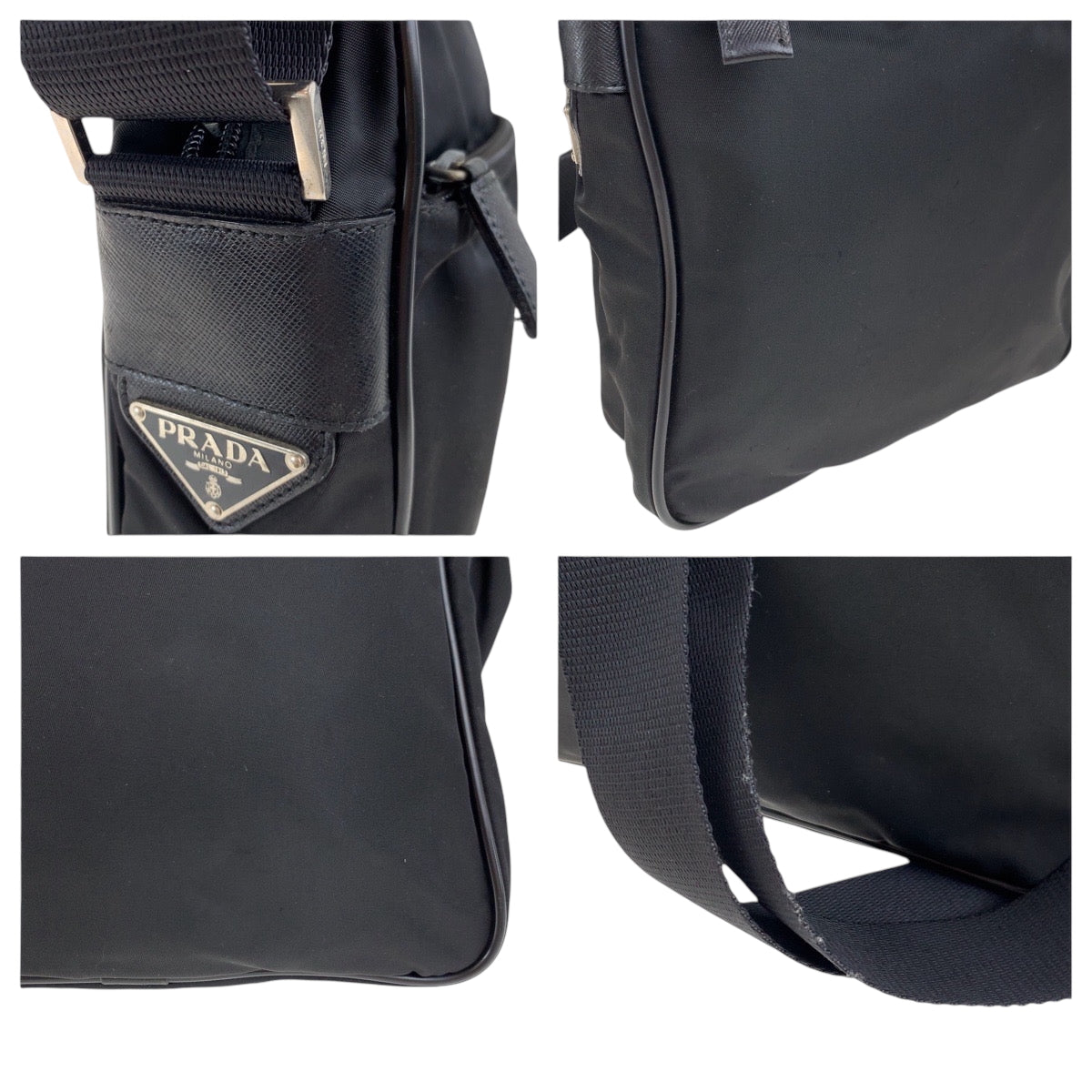 PRADA Shoulder Bag Nylon Black SilverMetal Shoulder Bag pochette Test Triangle With logo Women Used Authentic